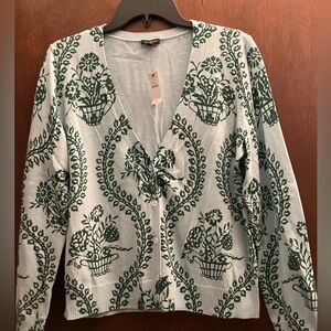 Talbots V Neck Floral Cardigan Sweater Size Large in Green NWT